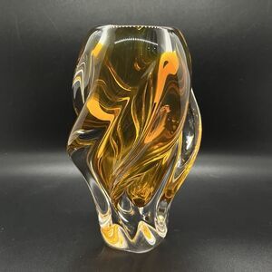 Vtg Josef Hospodka Czech Art Glass Vase Chribska Twisted Swirled Yellow Sommerso
